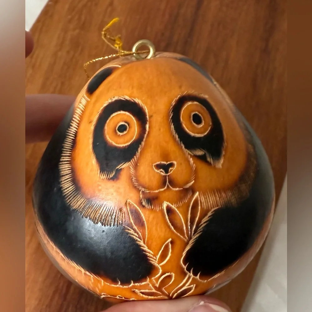 Lucuma Folk Gourd Art Panda Christmas Ornament Made Peru Handcrafted